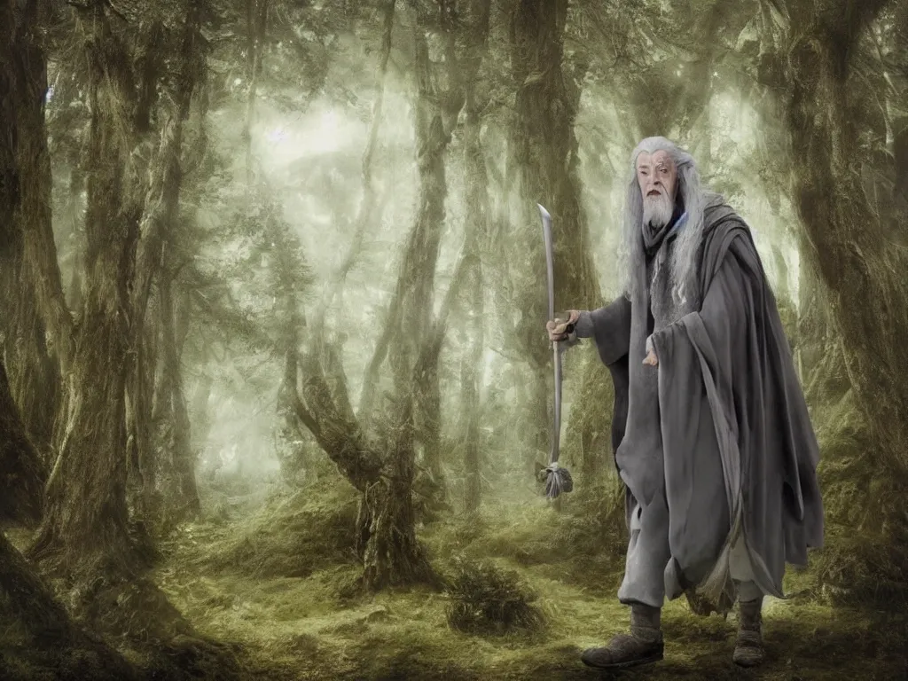 Image similar to Gandalf the Grey travelling in the forest, neo-romanticism