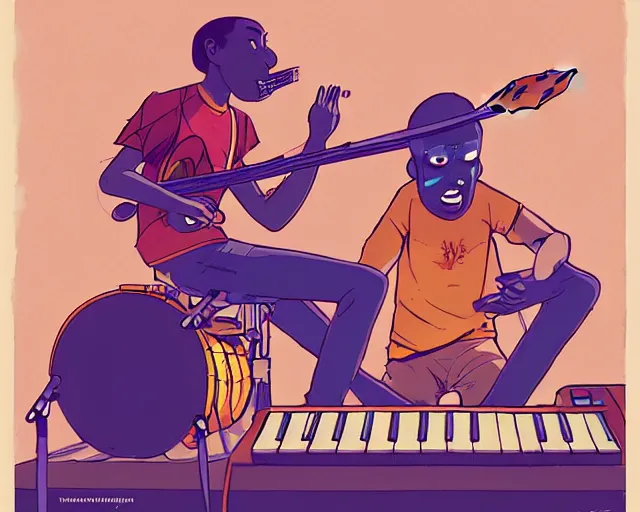 Image similar to a study of cell shaded cartoon of a two man band playing a microKorg synthesizer and drums, subtle colors, post grunge, concept art by josan gonzales and wlop, by james jean, Victo ngai, David Rubín, Mike Mignola, Laurie Greasley, highly detailed, sharp focus, Trending on Artstation, HQ, deviantart, art by artgem