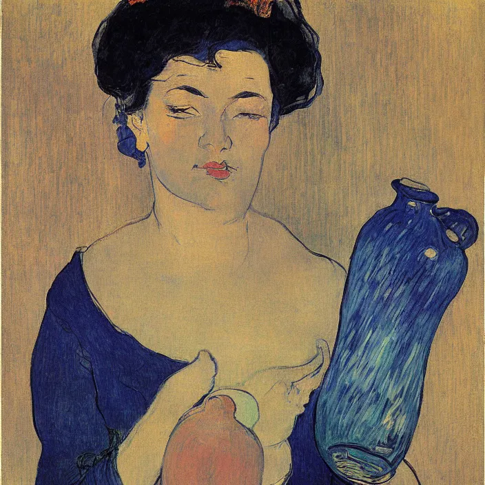 Image similar to woman with painted vase with vase. deep dark indigo blue. henri de toulouse - lautrec, ferdand hodler, egon schiele, gauguin, utamaro