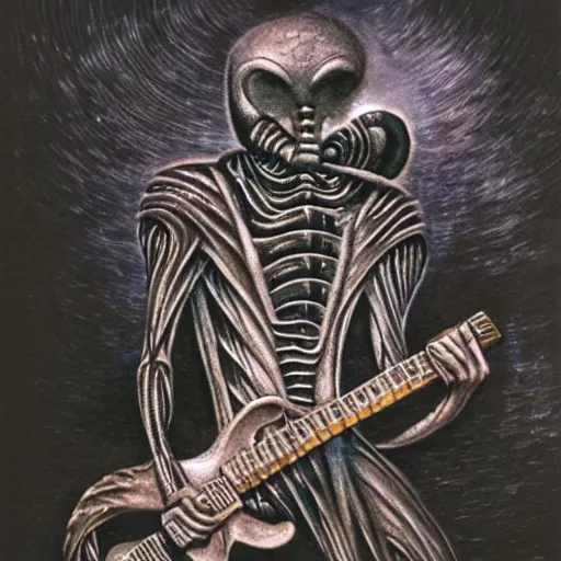 Prompt: a guitar being played by an alien in a cave in the style of H.R Giger