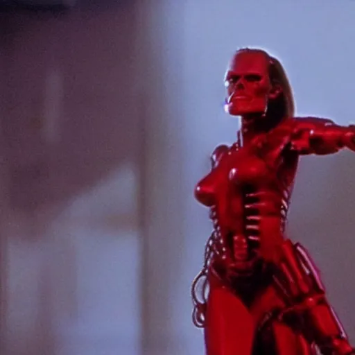 Image similar to a film still of The Terminator in a red woman dress, long shot
