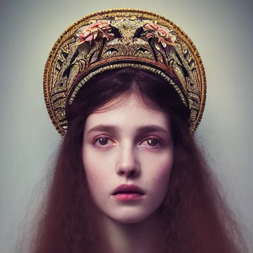 Image similar to kodak portra 4 0 0, 8 k, artstation, soft light, volumetric lighting, highly detailed, britt marling style 3 / 4 extreme close - up portrait photography of a beautiful woman pre - raphaelite, inspired by thandiwe muriu, royal woman wearing ornate art nouveau orchid headdress, realistic, refined, highly detailed