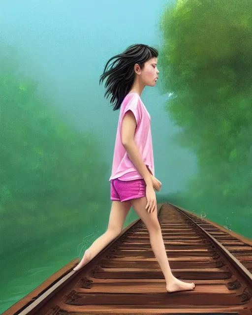 Prompt: a girl dressed in a green shirt and pink shorts walks along train tracks stretching out toward the horizon that are submerged under a few inches of water in a wide pool of water, intricate, elegant, highly detailed, digital painting, artstation, concept art, smooth, sharp focus, illustration, art by artgerm and greg rutkowski and fra angelico