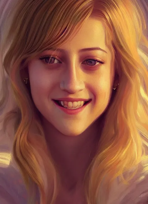 Image similar to portrait of lili reinhart with fluffy bangs, smiling kindly, bangs, 1 9 6 0 s, ponytail, fluffy bangs and ponytail, intricate, elegant, glowing lights, highly detailed, digital painting, artstation, concept art, smooth, sharp focus, illustration, art by wlop, mars ravelo and greg rutkowski