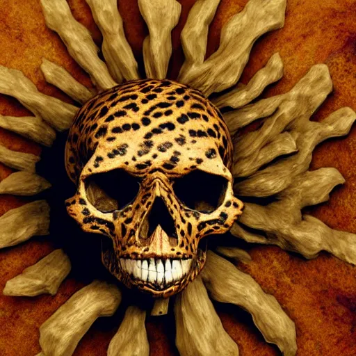 Image similar to Skull that look too much like skull!, crypt lurker, 8k CG character rendering of a spider-like hunting female on its back, fangs extended, wearing a leopard-patterned dress, set against a white background, with textured hair and skin.