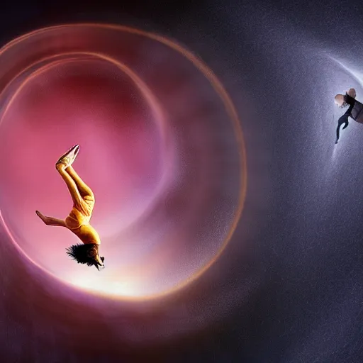 Prompt: woman falling through a black hole that leads to hell with all her enemies surrounding her