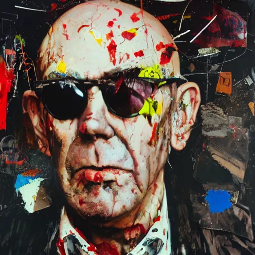 Image similar to hyperrealistic, photorealistic, mixed media oil painting of hunter s thompson, magazine scraps, plaster, blood, oil, mustard, splatter, greg rutkowski, basquiat, ralph steadman, wesley kimler, terry gilliam, andy warhol, dali