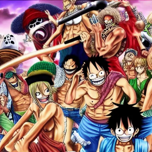 Prompt: realistic photo of all one piece character fighting in a theater , cinema
