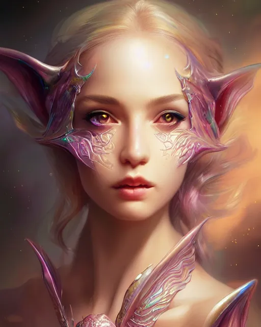 Prompt: cute female woman dragon chimera of iridescent liquid, alchemy, shiny plastic, intricate, bloom, detailed, volumetric lighting, sharp focus, photorealism, digital painting, highly detailed, concept art, by by artgerm and wlop