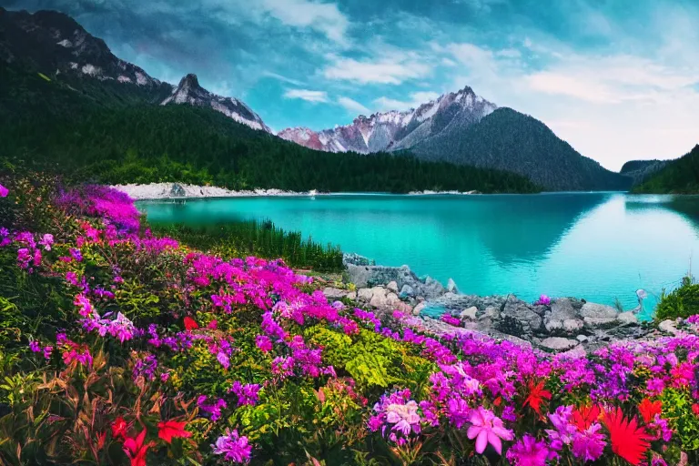 Prompt: surrounded by mountains, lake in the middle, small island in the middle of the lake, the island is full of flowers, movie texture, 8 k, rich details