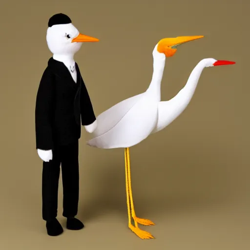 Image similar to plush of a stork wearing a black elegant suit