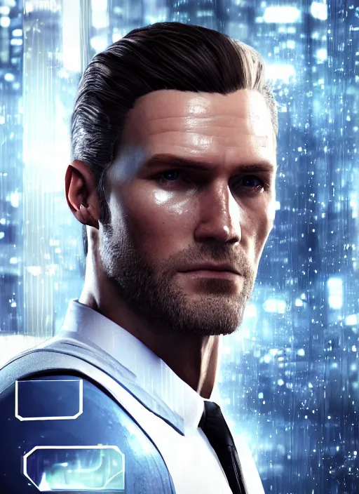 Image similar to photorealistic portrait photograph of connor cyberlife looking at you with a serious somber expression, detroit become human, handsome, depth of field, soft focus, highly detailed, intricate, realistic, national geographic cover, soft glow, textured skin