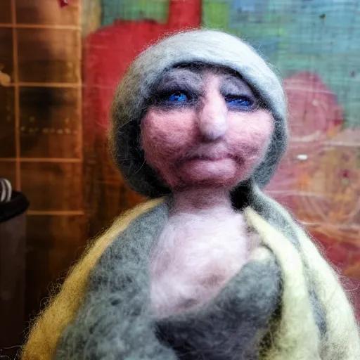 Prompt: photo of a life sized needle - felted 2 0 0 year old wrinkly crone covered in warts sitting behind a needle felted dumpster in a needle felted alley way with low soft light