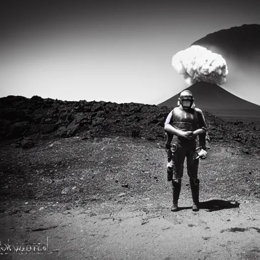 Prompt: A juggernaut soldier with a gasmask standing in front of an erupting volcano, vintage, professional photography, black and white, cinematic, eerie