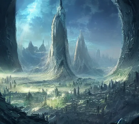 Image similar to vast beautiful epic realistic fantasy landscape with futuristic cities and iridescent crystals