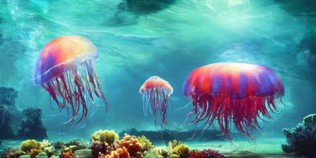 Image similar to underwater enviroment with a giant Rainbow Jellyfish.boss creature , unreal 5, hyperrealistic, realistic, photorealistic, dynamic lighting, highly detailed, cinematic landscape, studio landscape, studio lighting