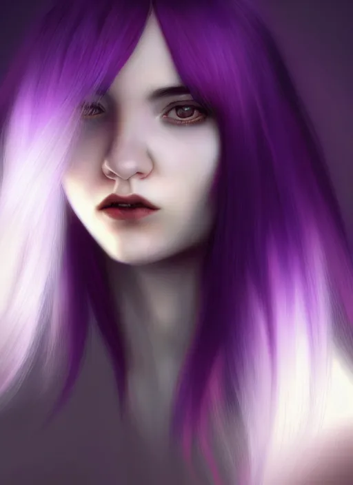 Image similar to hair whitebangs hair, black hair, whitebangs, portrait of teenage girl with white bangs, red irises, purple clothes, white bangs, bangs are different color from hair, intricate, elegant, glowing lights, highly detailed, digital painting, artstation, concept art, smooth, sharp focus, illustration, art by wlop, mars ravelo and greg rutkowski