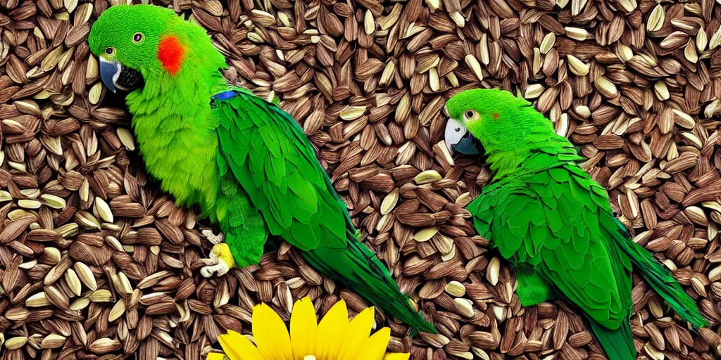 Prompt: angry green parrot with red wings sitting in a tree, surrounded by sunflower seeds, high detail, national geographic photorealistic