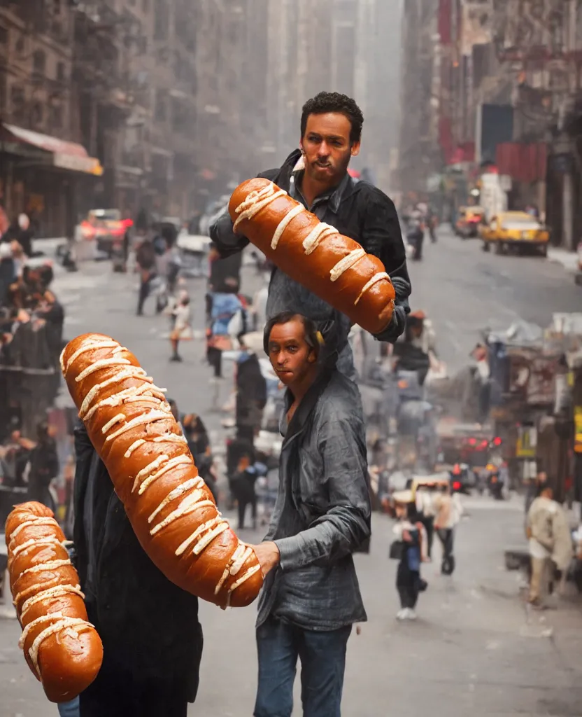 Image similar to closeup portrait of a man carrying a giant hotdog on his shoulder in a smoky new york back street, by Annie Leibovitz and Steve McCurry, natural light, detailed face, CANON Eos C300, ƒ1.8, 35mm, 8K, medium-format print