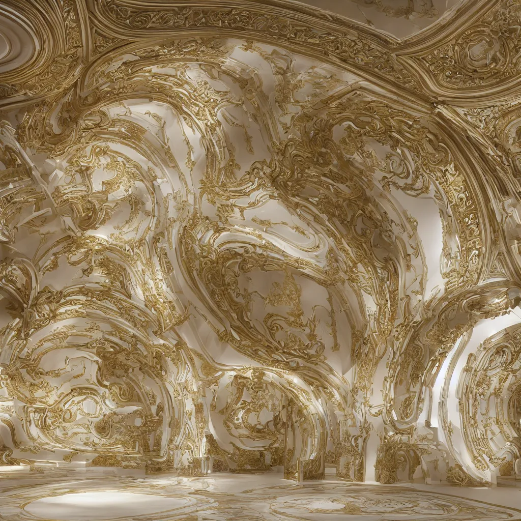 Prompt: an incredibly smooth curvilinear digital neo baroque interior architectural sculpture, a golden pool on the ground is envelope by folding white smooth surfaces, seductive, visually satisfying architecture render