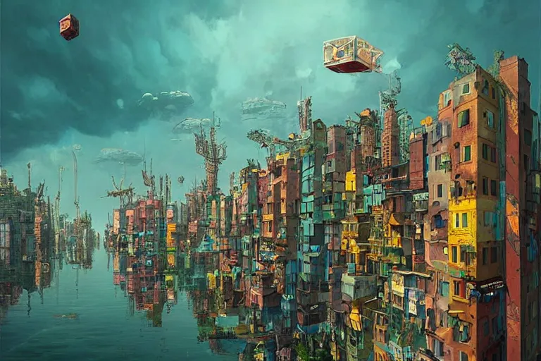 Prompt: surreal cyberpunk city, floating house in the sky, summer morning, very coherent and colorful high contrast, art by!!!! gediminas pranckevicius!!!!, geof darrow, dark shadows, hard lighting