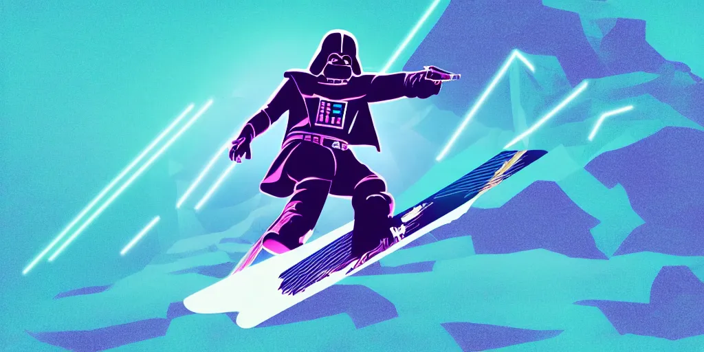 Image similar to vaporwave, vector graphics, synthwave, neon, darth vader snowboarding