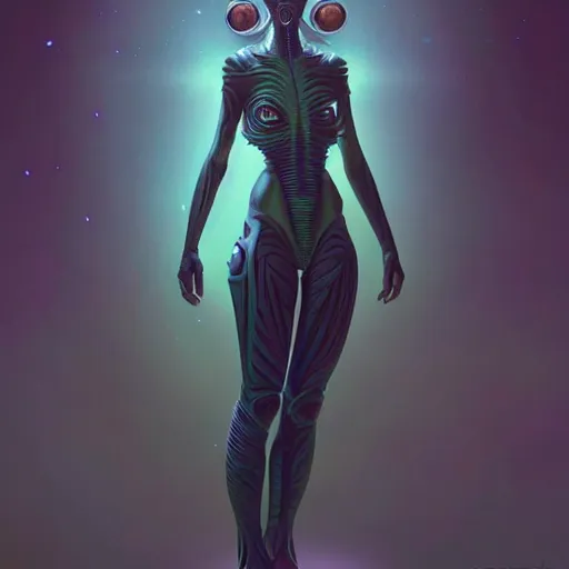 Image similar to wide angle full body portrait of an alien female with green eyes, a perfect face and perfect body, thin waist, mouth half open, intricate, single face, psychedelic background, highly detailed, digital painting, artstation, concept art, smooth, sharp focus, illustration, Unreal Engine 5, 8K, art by artgerm and greg rutkowski and alphonse mucha