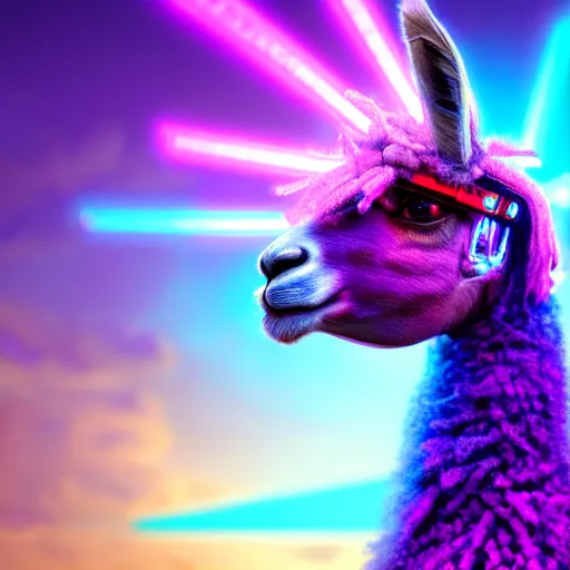 Prompt: llama with dreadlocks, vibrant colors, cybernetic glowing, by Paul Lehr, unreal engine, octane render, cinematic light, high details, iridescent colors, dichroic, macro