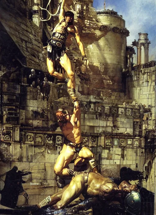 Image similar to huge warrior jocko willink vs godlike achilles at the walls of troy, dynamic action science fiction, by john berkey and lawrence alma tadema and rick berry and norman rockwel