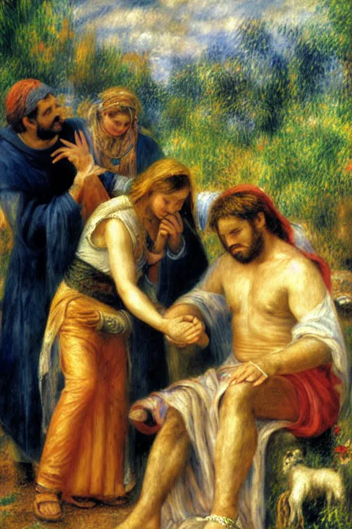 Prompt: christ healing a leper, painting by renoir and young sung kim, masterpiece