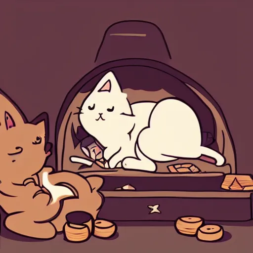 Image similar to Cat lying by the fire, anime, Kawaii, mcbess