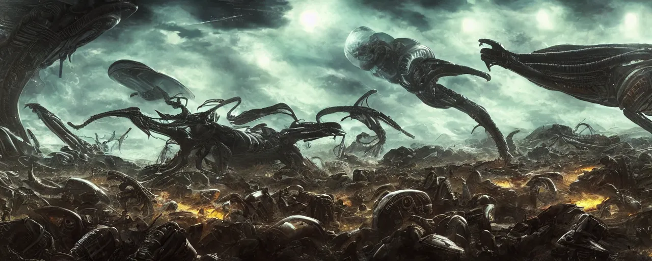 Image similar to epic battle between aliens and humans, alien invasion, large scale, breathtaking, mixed media, digital art, trending on artstation, 8k, epic composition, highly detailed, AAA graphics