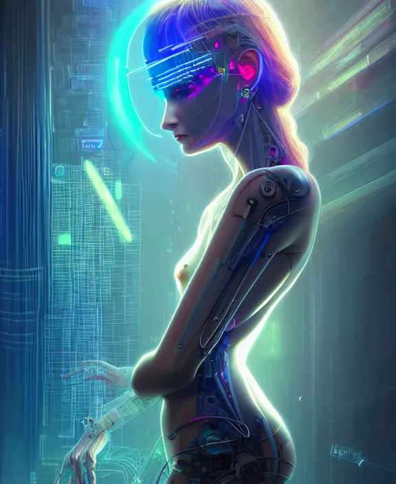 Image similar to a whirlwind of souls rushing inside the metaverse, hologram, half body, neurochip, shaved temple, piercing, jewelry, android, cyborg, cyberpunk face, by loish, d & d, fantasy, intricate, elegant, highly detailed, colorful, digital painting, artstation, concept art, art by artgerm and greg rutkowski and alphonse mucha