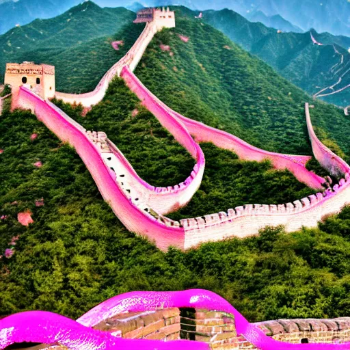 Image similar to neon pink flamingo signs on the great wall of china