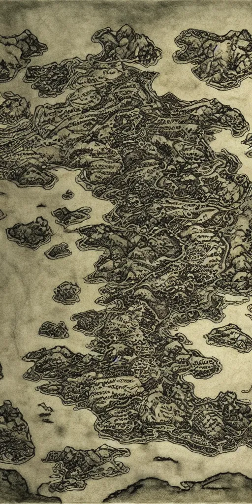 Prompt: old world fantasy style map of an island that looks like ireland, by arthur rackham and edmund dulac, HD, 4k, 8k, high detail!!, intricate, masterpiece, trending on artstation