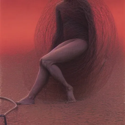 Image similar to liminal!!, portrait, shore of the lake, woman, wrapped around by tubes and cables, short black curly hair, glowing red, by edgar maxence and ross tran, zdzisław beksinski, and michael whelan, distant, gustav dore, h. r. giger, 8 k, octane render