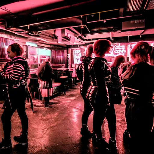Image similar to photograph of a retro techwear group of women loitering near the bar of a packed busy rundown nightclub, retrofuturism, brutalism, cyberpunk, sigma 85mm f/1.4, 15mm, 35mm, long exposure, 4k, high resolution, 4k, 8k, hd, wide angle lens, highly detailed, full color, harsh light and shadow