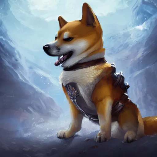 Image similar to shiba inu Dog, battle armour, Anthropomorphized, casting epic spell, magic the gathering artwork, D&D, fantasy, cinematic lighting, centered, symmetrical, highly detailed, digital painting, artstation, concept art, smooth, sharp focus, illustration, volumetric lighting, epic Composition, 8k, art by Akihiko Yoshida and Greg Rutkowski and Craig Mullins, heroic pose, oil painting, cgsociety, magic lab background