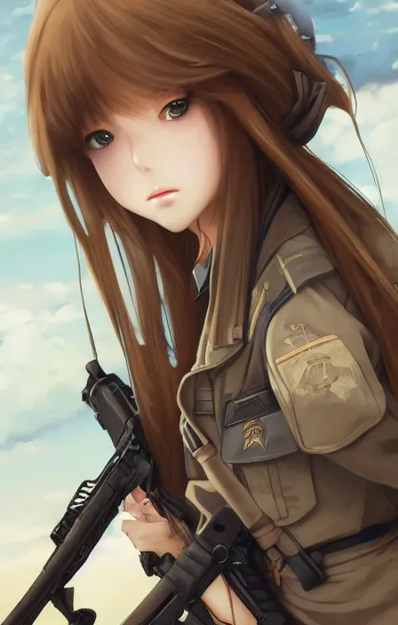 Image similar to infantry girl, anime style, long hair, hair down, symmetrical facial features, apocalypse, from girls frontline, hyper realistic, pale skin, 4 k, rule of thirds, extreme detail, detailed drawing, trending artstation, hd, war action, trading card, by alphonse mucha, greg rutkowski, sharp focus, backlit