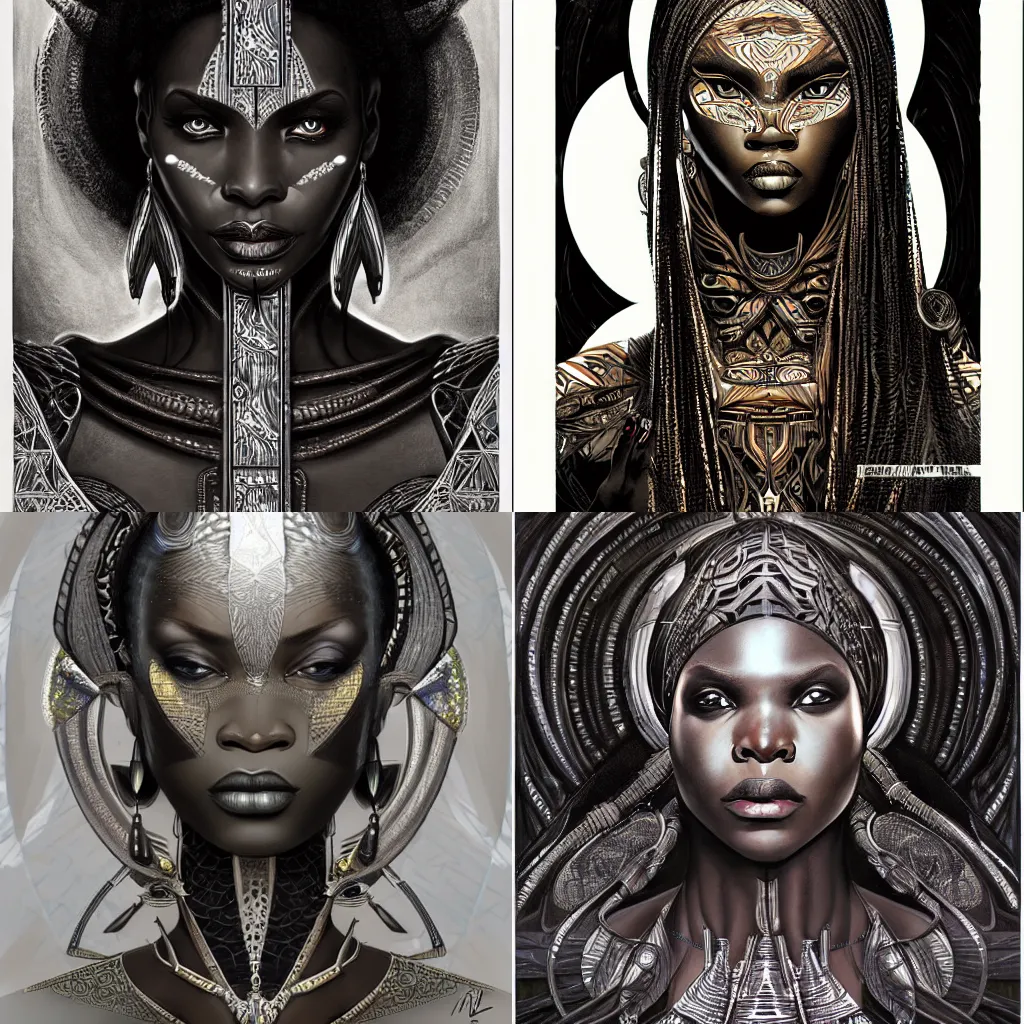 Prompt: black african princess, symmetric, intricate, giger, highly detailed, concept art, sharp focus, illustration, rutkowski, mucha, aleksi briclot, giger