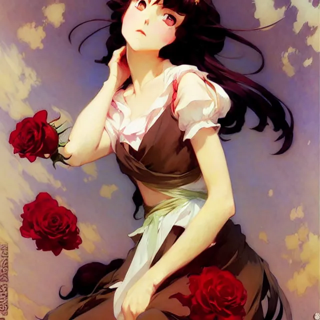 Image similar to beautiful rose anime girl, krenz cushart, mucha, ghibli, by joaquin sorolla rhads leyendecker, by ohara koson