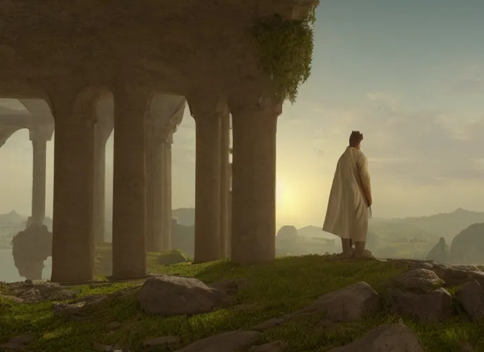 Prompt: a land of ruins of lost civilization with a distant fort in the middle, pure gold pillars, water tunnels below and a magical time gate to another dimension, a man wearing a white robe standing watching over, dramatic lighting, dawn, by caspar david friedrich, unreal engine 5