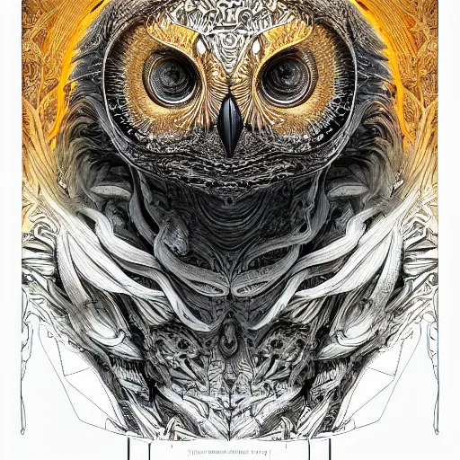 Prompt: the portrait of a smiling golden owl in the depths of the universe, an ultrafine hyperdetailed illustration by kim jung gi, irakli nadar, intricate linework, bright colors, octopath traveler, final fantasy, unreal engine 5 highly rendered, global illumination, radiant light, detailed and intricate environment, - w 9 6 0