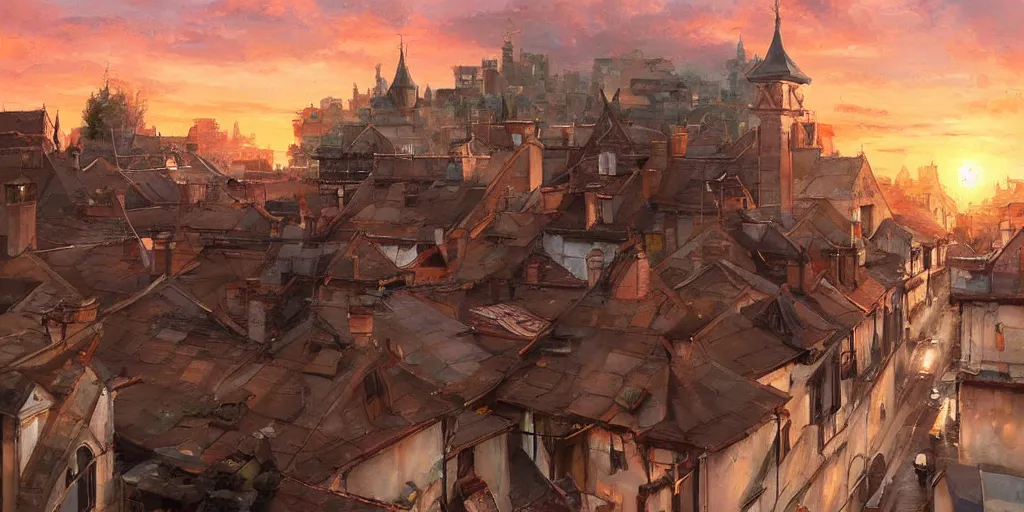 Image similar to stunning painting of a cats running on rooftops during sunset by krenz cushart