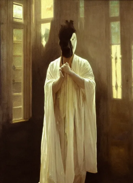 Image similar to an oil painting of a tall person in flowing white robes wearing a white venetian carnival mask standing in a gloomy dark room with hazy sunlight streaming through the window, in the style of john singer sargent, greg rutkowski, maxfield parrish and alphonse mucha