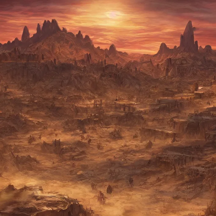 Prompt: large densely packed bustling old western style city in the middle of a sandy flat desert with a single mountain on the very distant horizon. magic the gathering art, digital media