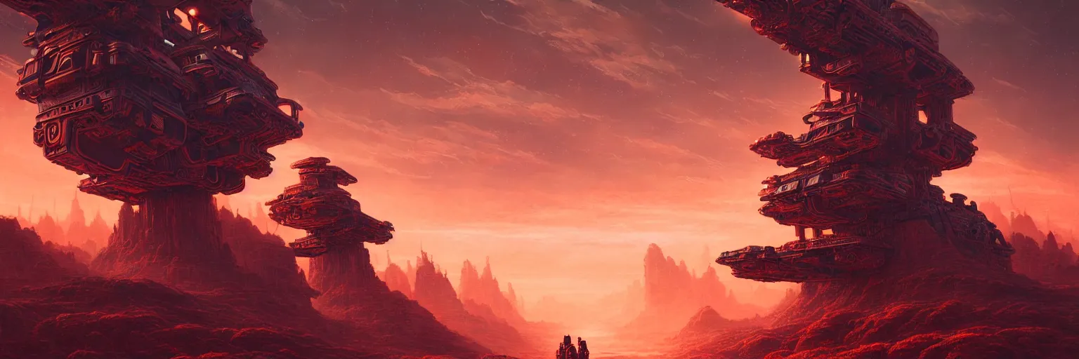 Image similar to ultra realist intricate detailed landscape painting of an alien world, red sky with mech buildings and cyborg tech, symmetry accurate features, very intricate details, bokeh focus, 8k render, artstyle Hiraku Tanaka and Tom Bagshaw, award winning