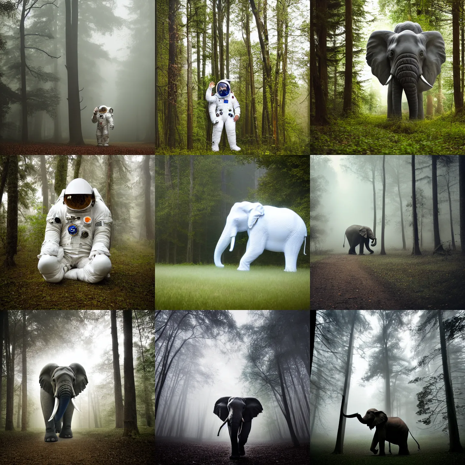 Prompt: giant elephant in white spacesuit as astronaut in the woods, foggy mood, overcast bokeh - c 5