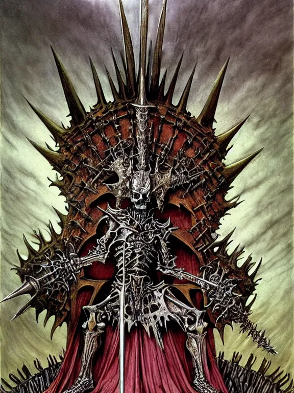 Prompt: A little vibrant. A spiked horned detailed semiork skeleton with armored joints stands in a large cavernous throne room with sword in hand. Wearing massive shoulderplates, cloak. Extremely high details, realistic, fantasy art, solo, masterpiece, bones, ripped flesh, colorful art by Zdzisław Beksiński, Arthur Rackham, Dariusz Zawadzki, Harry Clarke