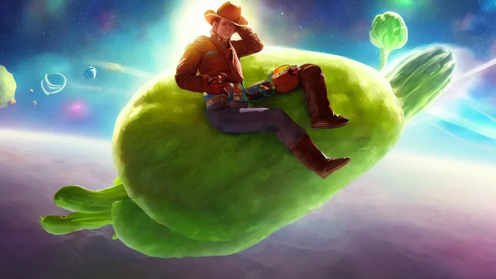 Image similar to Android cowboy riding a giant vegetable in outer space, volumetric lighting, digital painting, artstation, very detailed, hyperrealistic